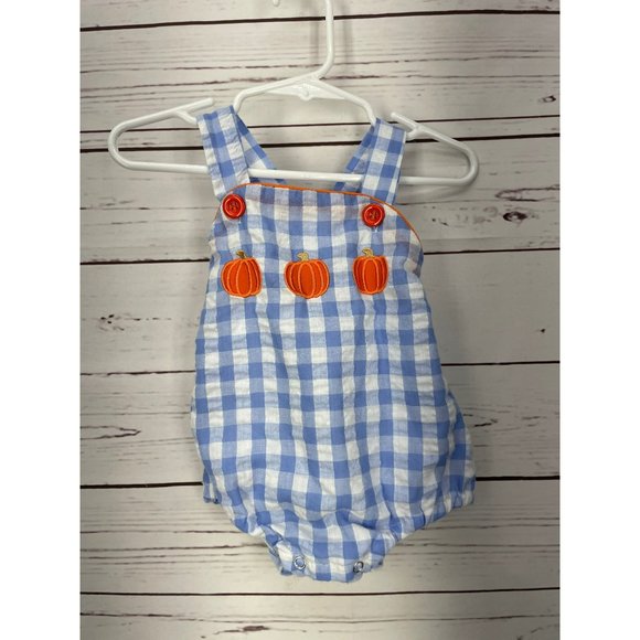 Antlers & Acorns Designs Blue and White Plaid Orange Pumpkin Snap Bottom Infant - Picture 9 of 9